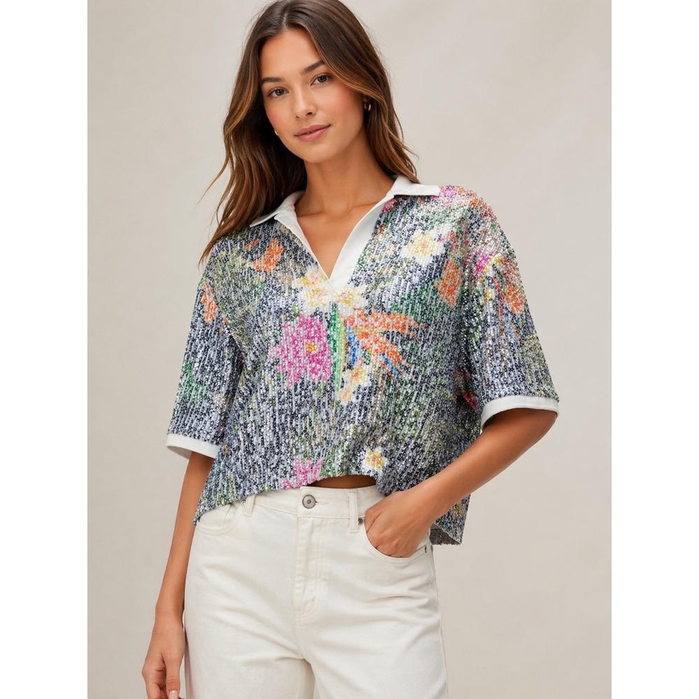 In The Mood For Love Sequin Floral Crop Top Linen Silk Boxy Collared L
